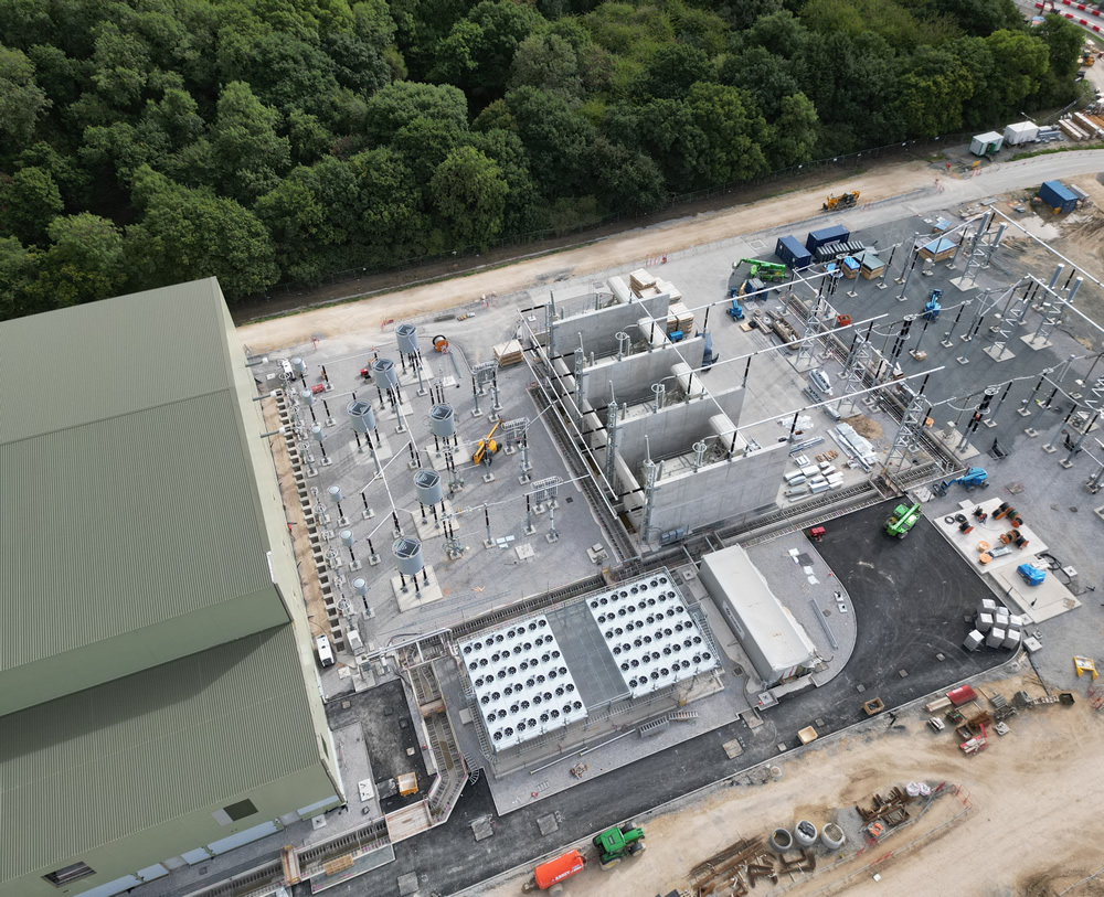 Aerial view of electrical plant and substation infrastructure